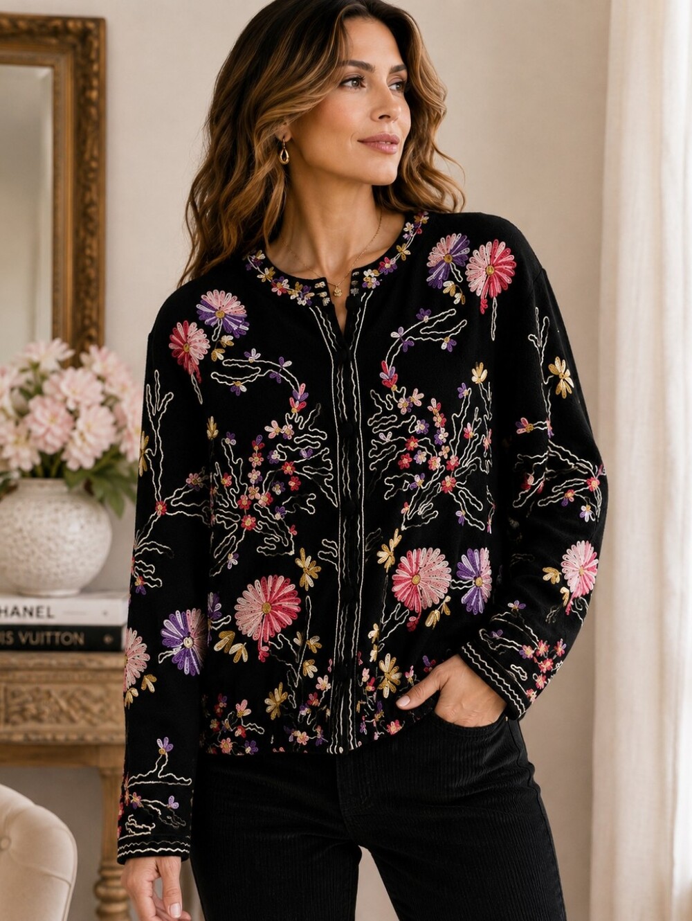 Boston Proper Embroidered Floral Cardigan Sweater M Black Wool Blend Jacket